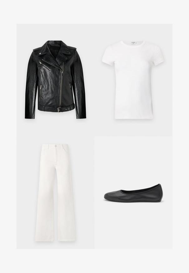 Črna usnjena motoristična jakna s prilegajočim dizajnom, poševnim zapiranjem na zadrgo in srebrnimi okrasnimi elementi. Ima pas z obročkom in teksturirano površino.; Bela rebrasta majica s kratkimi rokavi in okroglo ovratnikom. Tkanina se zdi gladka z oprijetim silhueto. Oznaka blagovne znamke vidna na ovratniku.; Bela, visoko pasovana široka obrtnica iz denima. Ima zaponko, dva sprednja žepa in stranske šive s podrobnostmi šivanja.; Črne usnjene balerinke z zaobljenim nosom, gladko teksturo, minimalnimi šivi in fleksibilno zasnovo podplata.