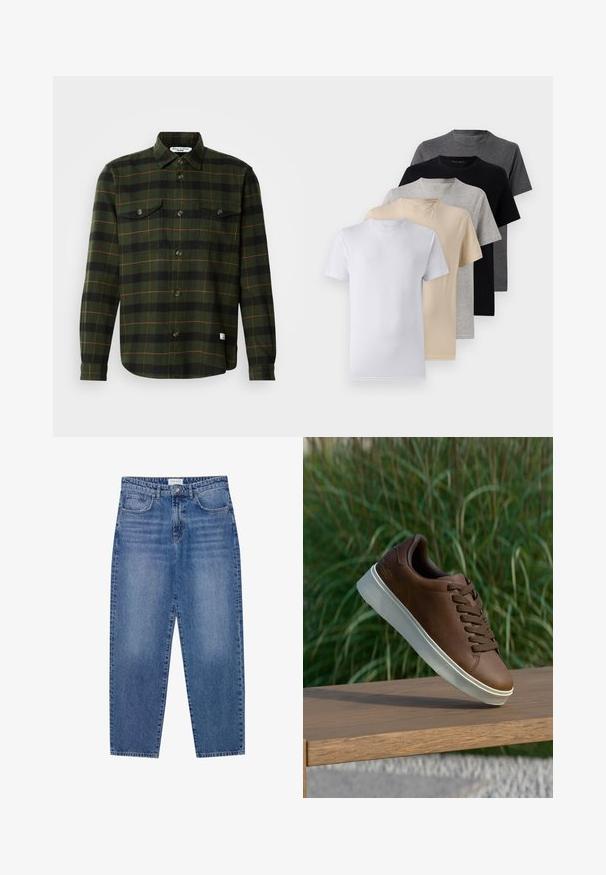 Marc O'Polo DENIM OVER FLAP POCKETS CHECK - Letná bunda - dark green/multi; Sada piatich tričiek s krátkym rukávom v bielej, béžovej, svetlošedej, tmavošedej a čiernej farbe. Vyrobené z hladkej bavlny, s dizajnom okrúhleho výstrihu.; Modré denimové džínsy s vysokým pásom, rovný strih a vyblednutý vzhľad. Obsahujú päť vreciek a zapínanie na gombík.; Hnedé kožené tenisky s bielou gumovou podrážkou, zaoblenou špičkou a hnedými šnúrkami. Textúrovaný grip na podrážke a hladký povrch na vrchnej časti.