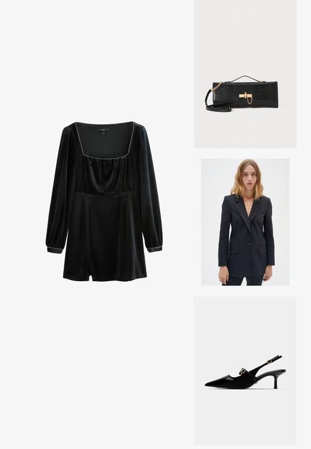 Czarna dopasowana marynarka z wyłamanym kołnierzykiem, z zapięciem na jeden guzik i dwoma przednimi kieszeniami, wykonana z gładkiego materiału o dopasowanej sylwetce.; Czarna aksamitna sukienka z długimi bufkami, kwadratowym dekoltem i marszczeniem w okolicy biustu. Posiada subtelne srebrne wykończenie wzdłuż dekoltu.; Czarne lakierowane czółenka na obcasie typu slingback z noskiem w szpic, z podwójnymi złotymi klamrami i smukłym obcasem typu stiletto.; Czarna kopertówka o fakturowanym wykończeniu, złoty łańcuszek i zapięcie na klamrę. Prostokątny kształt o eleganckim, minimalistycznym designie.