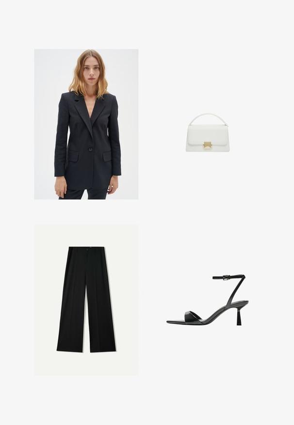 Czarna dopasowana marynarka z wyłamanym kołnierzykiem, z zapięciem na jeden guzik i dwoma przednimi kieszeniami, wykonana z gładkiego materiału o dopasowanej sylwetce.; Czarny top na ramionczkach wykonany z bawełny, z okrągłym dekoltem i szerokimi wycięciami na ramionach. Gładka tekstura z przeszytymi brzegami. Klasyczny, minimalistyczny design.; Bershka WIDE czarny; Bershka - Sandały na obcasie; Biała skórzana torebka o strukturalnym kształcie, z górnym uchwytem i złotym zapięciem. Gładka tekstura i minimalistyczne akcenty.