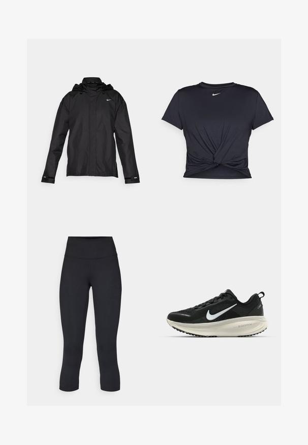 Nike Performance FAST - Windbreaker - black; Black athletic t-shirt made of smooth fabric, featuring a knotted front design and a small white Nike logo on the chest.; Black cropped leggings made of stretchy fabric, featuring a high waistband and smooth texture, with no visible patterns or hardware.; Black Nike running shoe with breathable mesh upper, white swoosh logo, textured detailing, and a cream-colored ZoomX midsole.