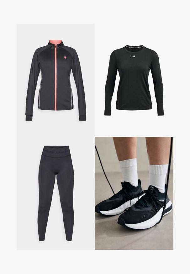 Black athletic jacket with a pink zipper, long sleeves, and subtle white accent stripes along the sides. Features a logo on the chest.; Black long-sleeve athletic shirt made of smooth fabric. Features a round neckline with an Under Armour logo printed at the collar.; Black leggings with a high elastic waistband featuring "UNDER ARMOUR" text. Smooth texture with subtle pattern accents along the legs.; Black athletic shoes with textured fabric, white sole, and black laces. Worn with white ribbed socks, standing on a light surface.