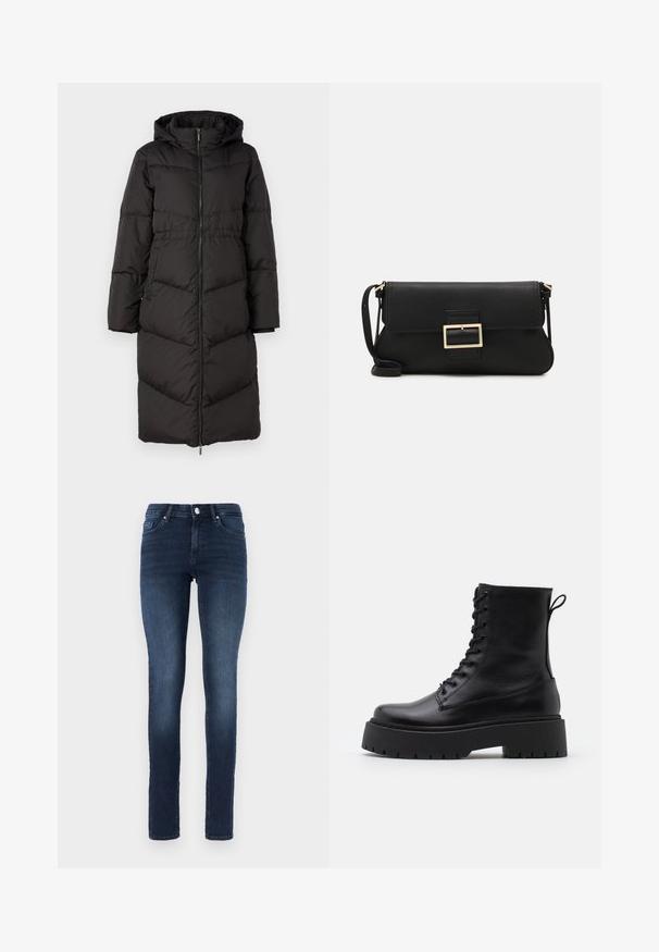 Svart puffjacka med huva, med dragkedjestängning framtill, långa ärmar och kviltad design. Mellanlång med chevronmönster.; Vit ärmlös linne av ribbat tyg, med rundad halsringning och smal silhuett, med minimala sömmar och utan dekorationer.; Mörkblå skinny jeans i denim, med klassisk femficksdesign, knappgylf och subtil blekning på låren.; Svarta läderankelboots med rund tå, snörning framtill och en tjock gummisula med strukturerat mönster. Dragflik bak.; Svart läderkuvertväska med en klaff och detalj i guldmetallspänne. Innehåller en svart rem och en elegant, minimalistisk design.