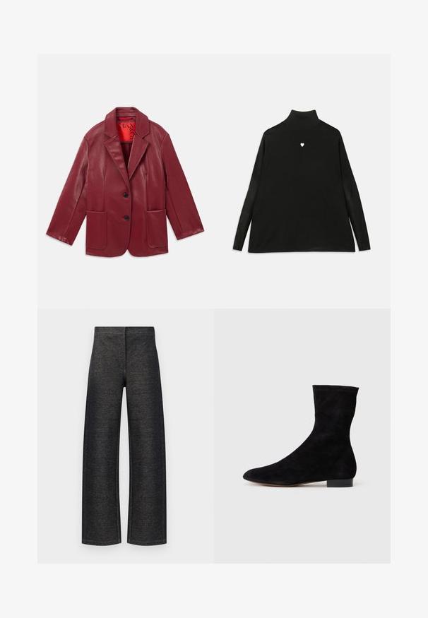 Červený ekokožený blejzer s vystuženým golierom, dvoma prednými vreckami a dvoma čiernymi gombíkmi. Podšitý kontrastným červeným interiérom.; Čierny rolák s dlhými rukávmi, na hrudi s malou bielou emblematickou srdiečkou. Mäkkučká látka a voľný strih.; Široké nohavice z čierneho denimu. Majú textúrovaný povrch s čistým pásom a žiadne viditeľné hardvérové prvky ani vrecká.; Čierne semišové členkové topánky s priliehavým zvrškom, špicatou špičkou a nízkym blokovým opätkom. Hladká textúra a minimalistický dizajn, vhodné na všestranné kombinovanie.