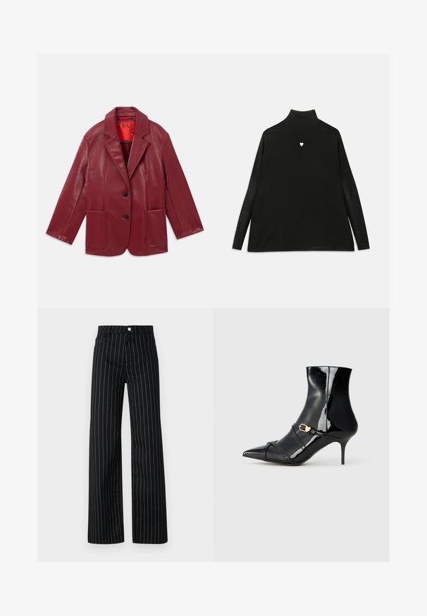 Červený ekokožený blejzer s vystuženým golierom, dvoma prednými vreckami a dvoma čiernymi gombíkmi. Podšitý kontrastným červeným interiérom.; Čierny rolák s dlhými rukávmi, na hrudi s malou bielou emblematickou srdiečkou. Mäkkučká látka a voľný strih.; Čierne nohavice so širokými nohavicami a vertikálnymi modrými pásikmi, obsahujúce klasický dizajn s piatimi vreckami a predným zapínaním na gombík.; Čierne lakované členkové čižmy so špicatou špičkou, štíhlým podpätkom a dvoma tenkými remienkami s detailom zlatých prackov. Hladký, lesklý povrch.