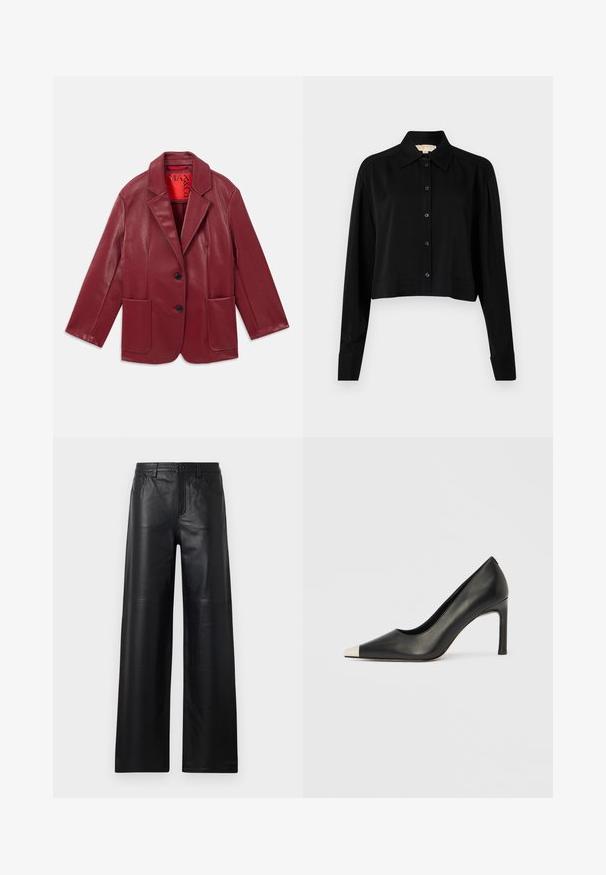 Rode faux leren blazer met een notch-kraag, twee voorzakken en twee zwarte knopen. Voering met een contrasterende rode binnenkant.; Zwarte cropped shirt met lange mouwen, een spitse kraag en een knoopsluiting aan de voorkant. Gemaakt van soepele stof met een ontspannen pasvorm en manchet-mouwen.; Zwarte leren broek met wijde pijpen en een gladde textuur, voorzien van voorzakken, een knoopsluiting en subtiele stiksels.; Zwarte leren hoge hak met een spits toelopende neus en een metalen zilverkleurige kap. Heeft een gladde afwerking en een slanke hak van 10 cm.