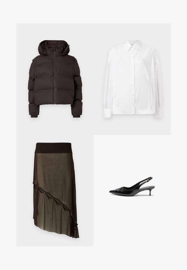Chaqueta de invierno acolchada marrón oscuro con capucha, cremallera frontal y puños acanalados sobre un fondo gris claro.; Camisa blanca de manga larga con botones, hecha de una suave mezcla de algodón. Cuenta con un cuello clásico, cierre frontal con botones y puños redondeados.; Falda de malla negra con una cinturilla ajustada, dobladillo asimétrico, botones decorativos en la parte delantera y textura transparente en capas.; Tacones slingback de cuero negro con punta afilada, pequeño tacón kitten y un detalle de nudo decorativo en la parte frontal. Textura suave en toda la superficie.