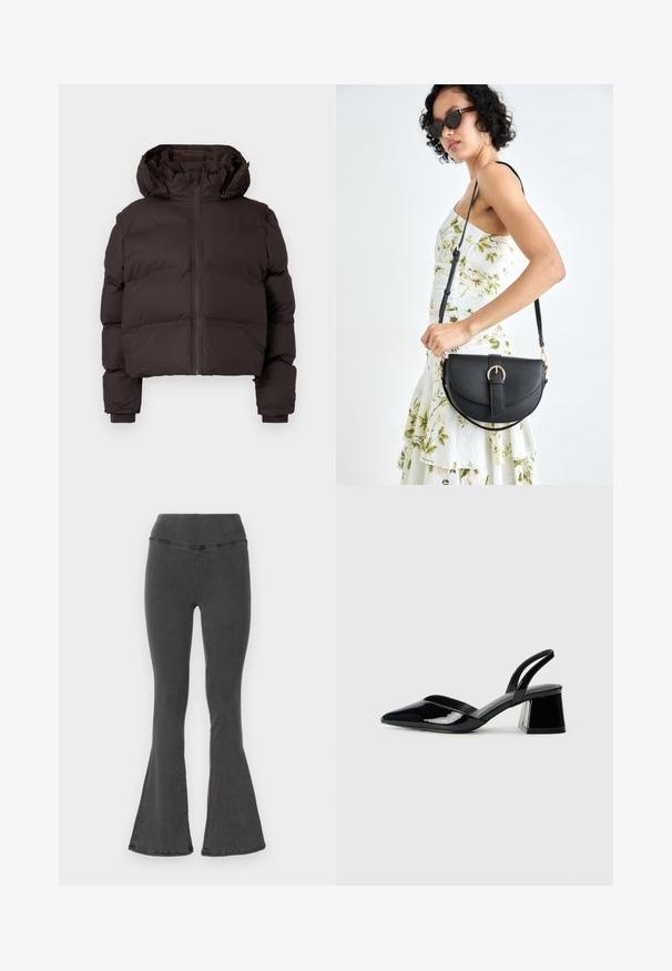 Tumedat pruunid sooja talvejakk, kapuutsiga, esiseibi ja soonikkoe mansettidega, helesinise halli tausta ees.; Pruun, pikkade varrukatega ribaga särk, millel on ümar kaelus. Valmistatud siledast, venivast materjalist, omades formatiivset siluetti ja minimaalset dekoratiivsust.; Mustad mustad denim püksid laia vöökohtaga, mis on sileda tekstuuriga ja millel on õmbluste ääres õmmeldud detailid.; Mustad musta lakknahk kingad, millel on terav varvas ja geomeetriline plokkkonts. Omab elegantselt minimalistlikku disaini ja sujuvat tekstuuri.; Mustmust mustraha kõverate joontega, eemaldatava rihmaga ja kuldsete detailidega. Kotil on klapp, millel on pandladetail.