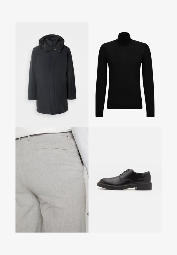 Parka negra impermeable con capucha desmontable, cierres de cremallera y botones a presión, bolsillos laterales y una tela de textura suave.; Jersey de cuello alto negro hecho de un material suave, con mangas largas y un ajuste ceñido. Ribete acanalado en el dobladillo y los puños. Diseño simple.; Pantalones grises claros a medida hechos de tela texturizada, con un solo bolsillo trasero y costuras limpias.; Zapato negro de cuero con cordones, punta redondeada, textura suave, costuras mínimas y tacón bajo de goma. Logo en el tacón.