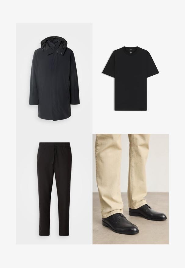 Parka negra impermeable con capucha desmontable, cierres de cremallera y botones a presión, bolsillos laterales y una tela de textura suave.; Camiseta negra de manga corta fabricada con una suave mezcla de algodón, que presenta un cuello redondo y un diseño minimalista sin patrones ni acentos.; Pantalones de chándal negros de tejido suave. Cuentan con una cintura elástica con cordón, piernas ajustadas y sin bolsillos visibles. Diseño sencillo.; Zapatos de cuero negro con cordones, puntera redondeada, acabado suave y sutiles detalles de costura, combinados con pantalones de color beige claro.