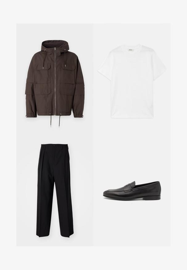 Temno rjav kapučen plašč iz teksturirane tkanine, ki ima sprednji zadrgo, več sprednjih žepov in nastavljive vrvice na robu in manšetah.; Bela bombažna majica s krobnim ovratnikom, kratkimi rokavi in subtilnim logotipom, natisnjenim spredaj. Gladka tekstura in preprost dizajn.; Črne nabirane hlače s ravnim, širokim krojem. Narejene so iz gladkega materiala in imajo zadrgo ter pasne zanke.; Moški črni usnjeni loafer s nizkim peto in klasičnim penny trakom, prikazan v bočnem profilu na belem ozadju.