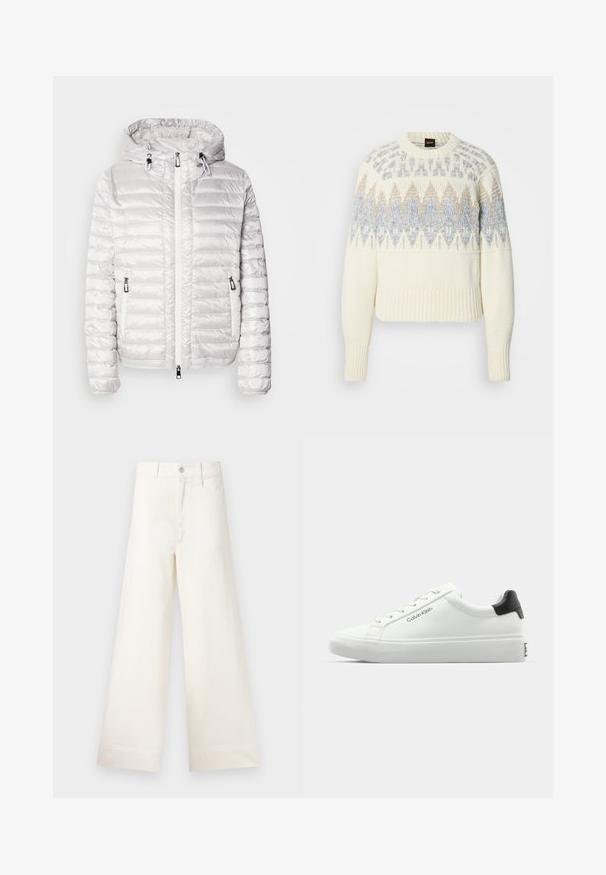 Giacca bianca imbottita con finitura lucida, dotata di cappuccio, chiusura con zip e tasche laterali. Motivo di cuciture orizzontali su tutta la superficie.; Maglione in maglia color crema con polsini e orlo a coste, caratterizzato da motivi geometrici blu e beige su petto e parte superiore delle maniche.; Pantaloni a gamba larga in cotone beige chiaro. Caratterizzati da vita alta, tasche anteriori e un taglio dritto. Orlo pulito senza motivi.; Sneaker bianca con finitura liscia, accentuazione nera sul tallone e design con lacci. Presenta il marchio "Calvin Klein" sul lato. Stile minimalista.