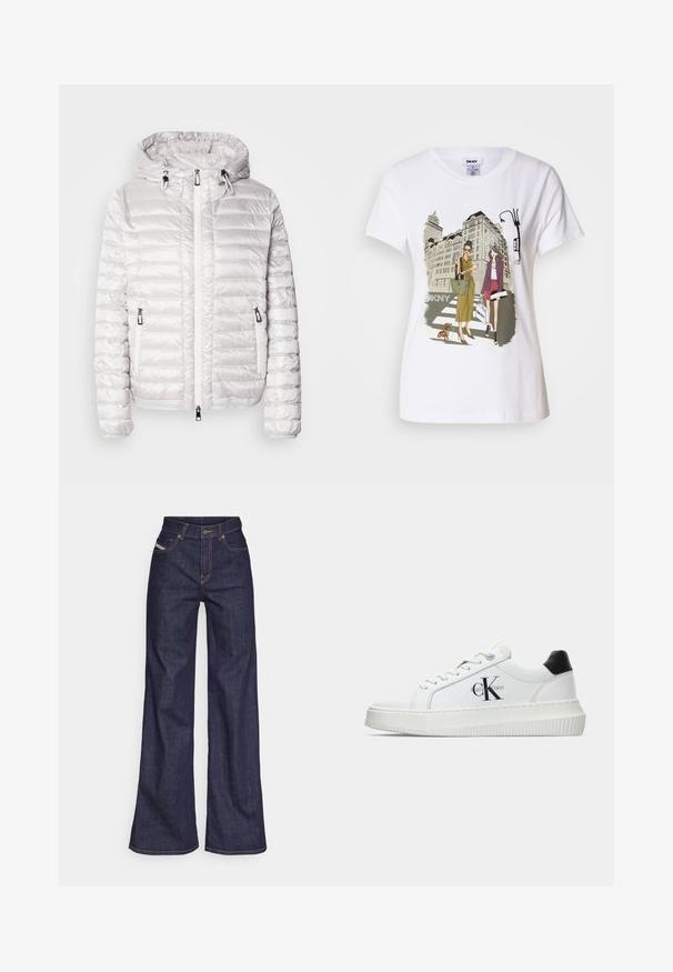 Chaqueta blanca acolchada con un acabado brillante, que cuenta con capucha, cierre de cremallera y bolsillos laterales. Patrón de costura horizontal en toda la prenda.; Camiseta de algodón blanca con una ilustración impresa de dos mujeres con estilos de moda urbana, un perro en un paso de peatones y edificios de la ciudad.; Vaqueros de pierna ancha de color azul oscuro, fabricados en denim, con cintura alta, costuras naranjas, diseño de cinco bolsillos y cierre de botón.; Zapatilla baja blanca con talón negro, suela de plataforma, cordones y logotipo "CK" de Calvin Klein en el lado.