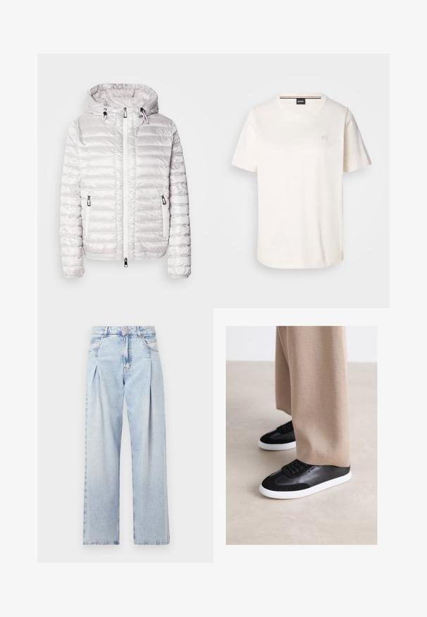 Tīra balta jaka ar polsterējumu un spīdīgu apdari, ar kapuci, rāvējslēdzēju un sānu kabatām. Visā jakā ir horizontālas šuvju līnijas.; Balts kokvilnas T-krekls ar īsām piedurknēm, apaļu kakla izgriezumu un mazu logo uz krūtīm. Gluda tekstūra un taisna apakšmala.; Gaiši zilas džinsu bikses ar augstu jostasvietu, plats kāju griezumu, divām sānu kabatām un krokotā dizaina akcentiem. Mīksta tekstūra ar izdilušu apdari.; Melni ādas sneki ar zamšādas akcentiem, ar baltu gumijas zoli un melnām auklām. Apvienoti ar bežām platām biksēm.
