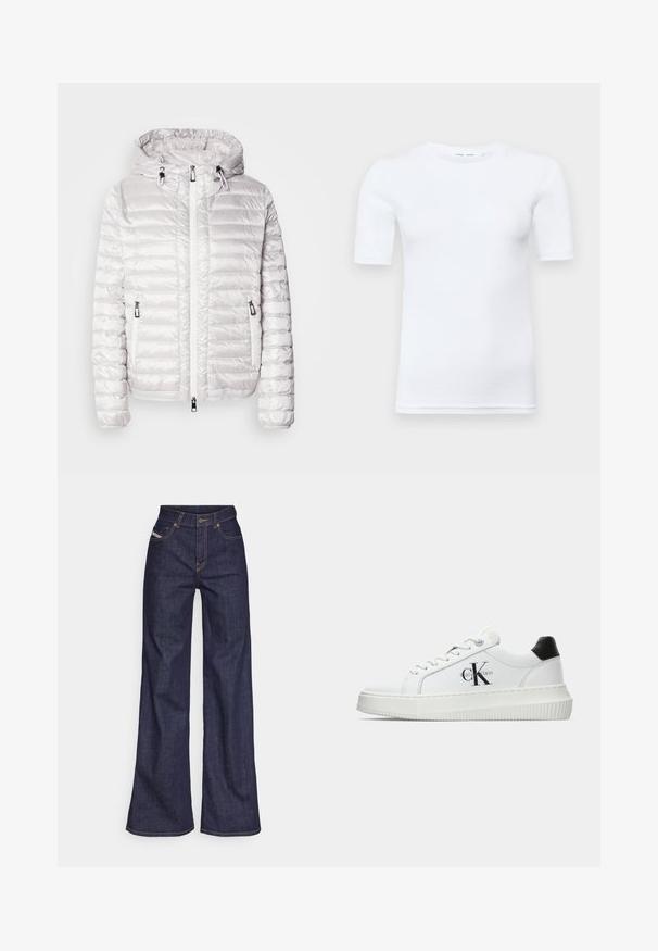 Bjela prsluk s punjenjem i sjajnim završetkom, s kapuljačom, zatvaranjem na patentni zatvarač i bočnim džepovima. Horizontalni šavovi po cijeloj površini.; Bijela majica s kratkim rukavima od pamuka. Ima okrugli izrez i glatku teksturu, s minimalnim šavovima vidljivim na rubu.; Tamno plave široke traperice s visokim strukom, izrađene od denim tkanine, s narančastim šavovima, pet džepovima i kopčanjem na dugme.; Bijeli niskotoperani tenisice s crnom petom, platformom, vezicama i "CK" logotipom Calvin Kleina sa strane.