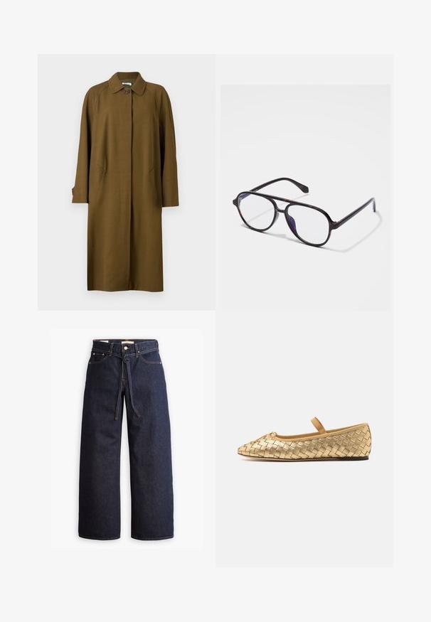 Bally Palton clasic - cricket; Pulover de culoare crem deschis, cu mâneci lungi, guler rotund și tiv ondulat. Confecționat dintr-un material moale, având o textură netedă.; Blugi din denim cu talie înaltă, de culoare albastru închis, cu picior larg, dotati cu şnur pentru ajustare, cinci buzunare şi detalii de cusătură în contrast.; Loeffler Randall LEONIE SOFT BALLET FLAT - Balerini cu barete - gold; Ochelari rotunzi din tartan închis, cu lentile clare. Prezentând un cadru subțire din plastic și un detaliu subtil al balamalei pe brațe.