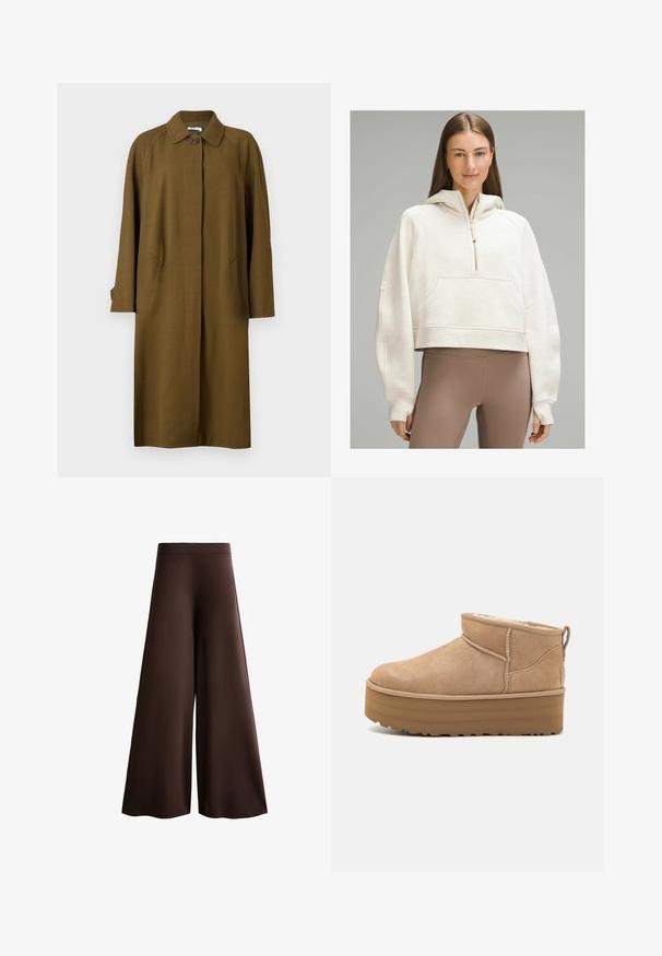 Bally Klassisk frakke - cricket; lululemon SCUBA OVERSIZED HALF-ZIP - Hættetrøje - heathered bone gold; Brune vide benbukser lavet af blødt stof, med høj talje, subtil tekstur og en flydende silhuet uden synlige lukninger eller prydelseselementer.; Beige ruskinds ankelstøvler med et blødt indre, der har en platformssål og en strop bagpå for nem påtagning. Tekstureret gummisål.