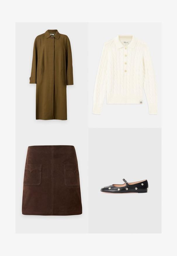 Bally Klasický kabát - cricket; Krémový svetr s pleteným vzorem a límečkem, čtyřmi knoflíky, žebrovanými manžetami a malou nášivkou na lemu.; Hnědá sukně z nubuku s klasickým áčkovým střihem, dvěma předními kapsami s zaoblenými klopami a subtilními švy.; Černé kožené baleríny typu Mary Jane s kulatou špičkou, zdobené stříbrnými kulatými nýty a nastavovacími popruhy se sponou.