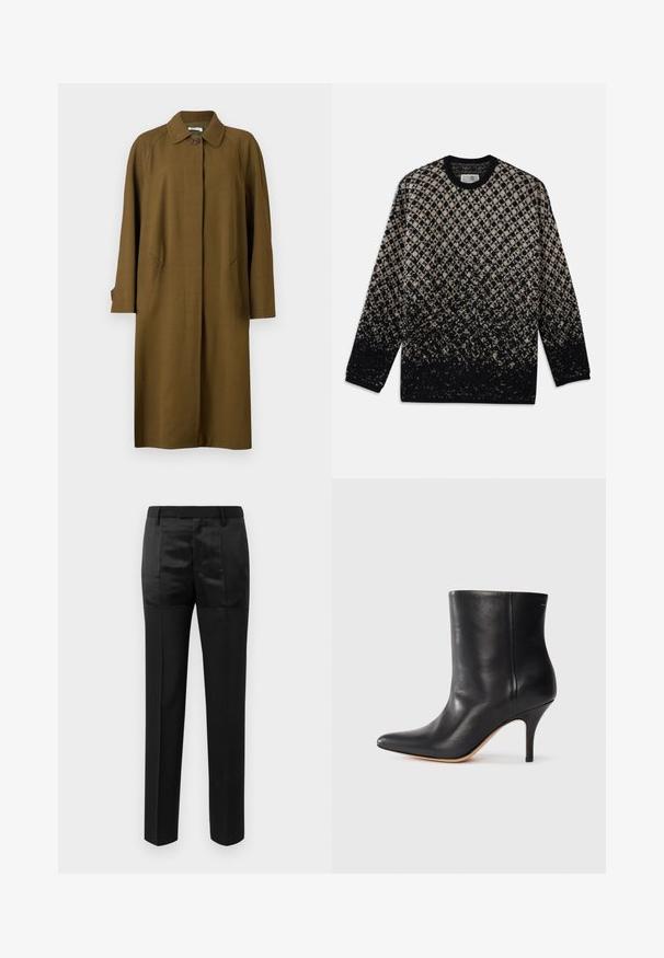 Bally Palton clasic - cricket; Pulover tricotat cu un model în diamant în nuanțe de bej și negru, cu o degradare graduală a culorilor. Guler rotund și mâneci lungi. Textură moale.; Pantaloni negri, croiți pe corp, cu picioare drepte și talie cu curea, având un amestec de panouri de țesătură mată și lucioasă.; Botină neagră din piele cu vârf ascuțit, toc subțire de tip stiletto și textură netedă. Design minimalist fără hardware sau accente vizibile.