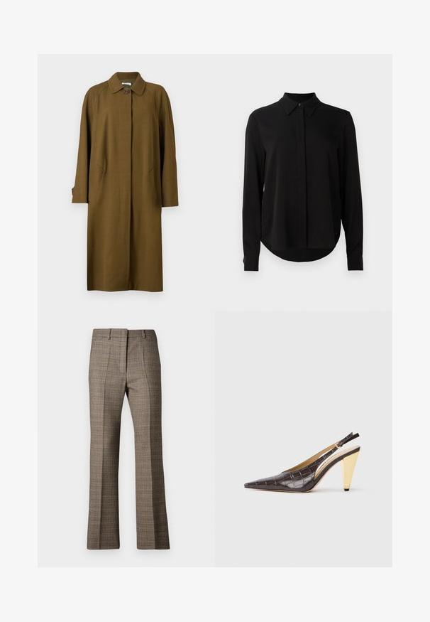 Bally Abrigo clásico - cricket; Blusa negra de manga larga con cuello puntiagudo, tapeta de botones oculta y dobladillo curvado sobre un fondo blanco liso.; Pantalones a cuadros marrones con corte recto, que presentan una tela texturizada y colores sutiles de beige y marrones oscuros a lo largo del patrón.; Zapatos de tacón tipo slingback de punta afilada en imitación de cocodrilo brillante de color marrón oscuro. Presenta un tacón geométrico en tono dorado y una correa ajustable en el tobillo.