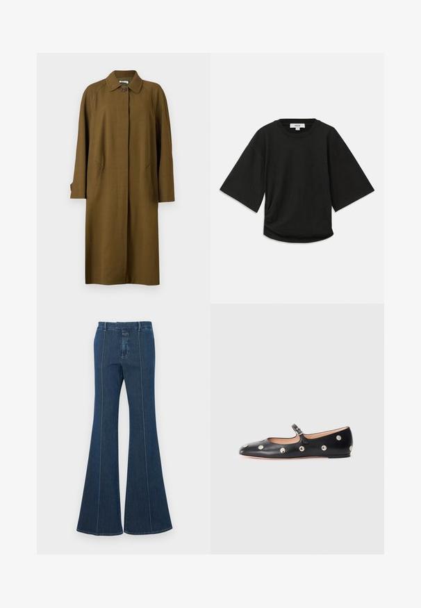 Bally Klasszikus kabát - cricket; Fekete, rövid ujjú póló puha pamutból, lekerekített nyakkal és laza szabással, oldalán finom ráncolással.; Sötétkék farmer trapéznadrág, strukturált varrással és letisztult kivitelezéssel. Közepes magasságú derékpánttal és széles, folydogáló lábakkal rendelkezik.; Fekete bőr Mary Jane lapossarkú cipő, lekerekített orral, ezüst színű kör alakú szegecsekkel és állítható pánttal, csattal.