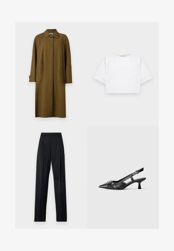 Bally Klasikinis paltas - cricket; Trumpas baltas marškinėliai iš minkštos medžiagos, su trumpomis rankovėmis, apvaliu iškirpimu ir raukšlėtais hemų detalėmis. Paprastas ir be puošmenų dizainas.; Juodos kelnės iš lygaus audinio, pasižyminčios aukštu liemeniu, plačiomis kojomis, priekinėmis klostėmis ir klasikiais diržo kilpomis. Šoninių kišenių nematyti.; Juodas odinis slingback tipo batai su smailiu priekiniu atvartu, dekoratyvinėmis sagtimis su metaliniais akyčiais ir žemu blokiniu kulnu. Saldus paviršius.