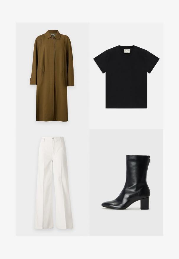 Bally Cappotto classico - cricket; Maglietta nera a maniche corte con collo rotondo e un'etichetta bianca all'interno del colletto con la scritta "D.R.C. EST. 2002" su sfondo bianco.; Pantaloni bianchi a gamba larga realizzati in cotone con una texture liscia. Presentano un bottone anteriore, una zip e un design a quattro tasche.; Stivale alla caviglia in pelle nera con punta affusolata e tacco a blocco di 4 cm. Design elegante con cerniera laterale per una facile calzata. Tessuto liscio.