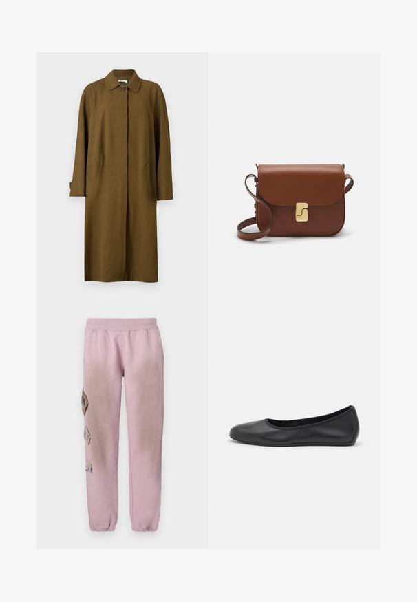 Bally Klassisk frakke - cricket; Langærmet hvid T-shirt lavet af ribbet bomuld, med rund halsudskæring og lige kant. Simpelt design uden mønstre eller accenter.; Lyserøde sweatpants med elastisk talje, prydet med dekorative patches i diamantform på venstre side og elastiske manchetter ved anklerne.; Sort læderballetsko med rund tå, glat tekstur, minimal syning og et fleksibelt såldesign.; Brun læder håndtaske med flaplukning, hardware i gyldent tone, en skulderrem og en glat overflade. Kompakt rektangulær form.