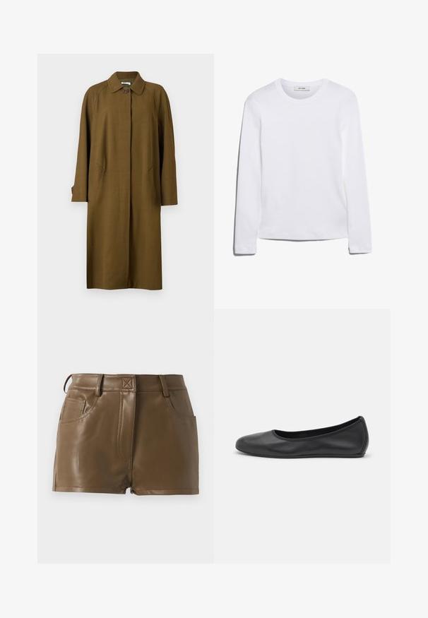 Bally Klassisk frakke - cricket; Langærmet hvid T-shirt lavet af ribbet bomuld, med rund halsudskæring og lige kant. Simpelt design uden mønstre eller accenter.; Brune imitation lædershorts med et tætsiddende design, talje med bæltestropper, forlommer og synlige sømdetaljer.; Sort læderballetsko med rund tå, glat tekstur, minimal syning og et fleksibelt såldesign.