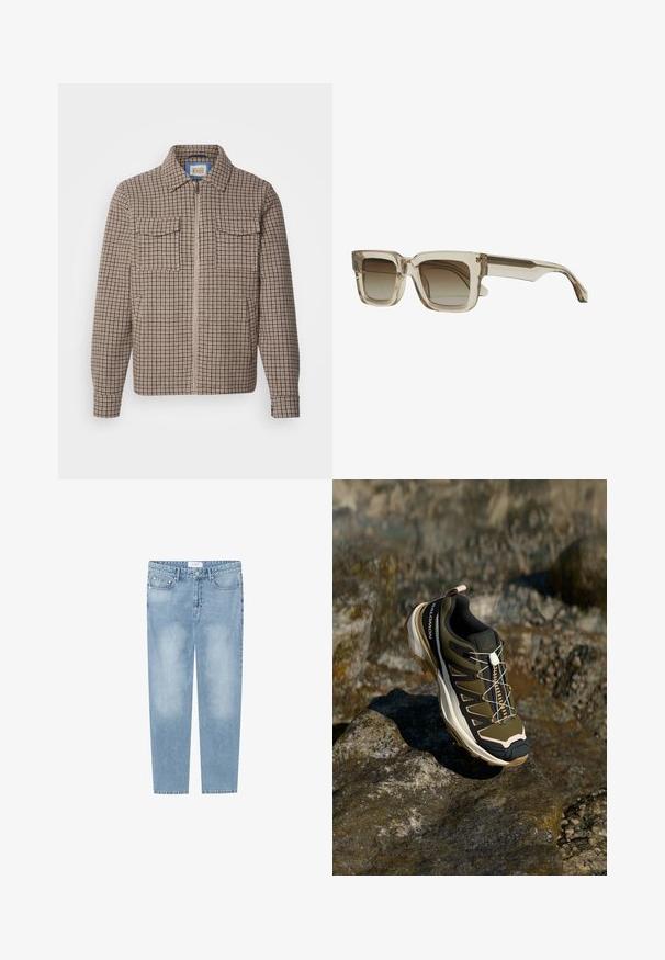 Giacca zip-up a quadri marrone e beige con due tasche sul petto e colletto a bavero, esposta su sfondo bianco.; Camicia abbottonata con un motivo a quadri beige, blu e giallo. Realizzata in un tessuto dalla morbida trama. Include una tasca sul petto.; Jeans dritti azzurri chiaro realizzati in denim. Presentano un design a cinque tasche, aree sbiadite e un'etichetta in vita. Senza decorazioni.; Scarpe da escursionismo in verde oliva e nero con dettagli rosa. Presentano una parte superiore testurizzata, suola flessibile, puntale rinforzato e un vivace sistema di allacciatura.; Occhiali da sole quadrati con montatura beige chiara e lenti marroni sfumate. Le stanghette sono eleganti e presentano un dettaglio di design sottile.