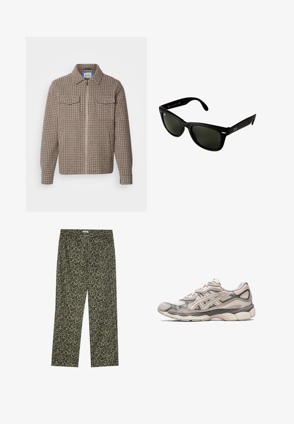 Rudas ir kreminis langeliais išmargintas užtrauktuku užsegamas švarkas su dviem krūtinės kišenėmis ir išskleistu apykakle, pristatytas ant balto fono.; Balta marškinių su ilgomis rankovėmis, vertikaliomis tamsiai mėlynomis juostelėmis, krūtinės kišenė ir klasikiniu apykaklė. Vyriškas audinys su laisvu siluetu.; Leopardų rašto kelnės olivine žalia spalva, pagamintos iš minkštos medžiagos, su elastingu juosmeniu ir raišteliu, leidžiančiu pritaikyti dydį.; Šviesiai pilkos spalvos sportiniai batai su tinklo ir zomšo viršumi. Yra paminkštintas padas, ryškūs paviršiai ir struktūrizuotas dizainas.; Juodos plastikinės saulės akinius su tamsiai žaliai objektyvais. Kvadratinis rėmelis su sidabriniais akcentais ir išreljefiu logotipu šventyklos srityje.