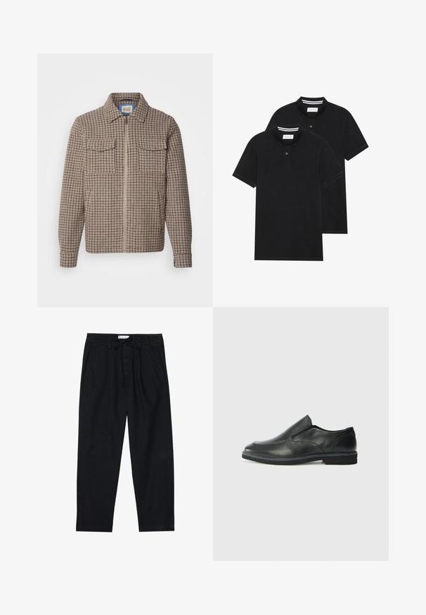 Pruun ja beež ruuduline tõmmatav jakk kahe rinnataskuga ja avatud kraega, esitatud valgel taustal.; Kaks musta polo särki, lühikeste varrukatega, puuvillane materjal, klassikalise kraega, kahe nupuga kinnitusega, valgete triipudega krae sisepinnal.; Pier One Chino-püksid - black; Must musta laia suuga king, millel on sile ülemine osa, õmmeldud detailid, ümmargune nina ja madal kummist konts. Tallal on minimaalne mustr.