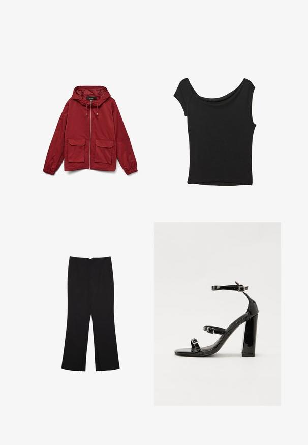 Rød vindjakke med hætte, lynlås foran, elastiske manchetter og to forreste klaplommer. Glat stof med en mat finish.; Sort kortærmet top lavet af glat stof; har en draperet halsudskæring og en asymmetrisk kant, med en tætsiddende pasform.; Sorte bukser med lige pasform, der har frontlommer og slidser i kanten. Lavet af blødt, glat stof. Velegnet til forskellige anledninger.; Sorte patenterede hælsandaler med firkantet tå, ankelremme og sølvspænder. Har en chunky blokHæl for stabilitet.