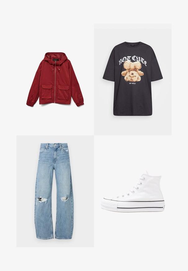 Red windbreaker jacket with a hood, zip front, elastic cuffs, and two front patch pockets. Smooth fabric with a matte finish.; Black oversized t-shirt featuring a graphic of a bear with the text “NOT CUTE BUT WILD” in bold, white lettering. Cotton material.; Light blue, high-waisted jeans made of denim. Feature wide legs, two torn knee areas, and classic five-pocket styling.; White high-top canvas sneaker with black rubber sole, front rubber toe cap, and six eyelets for laces, featuring a clean, minimalist design.