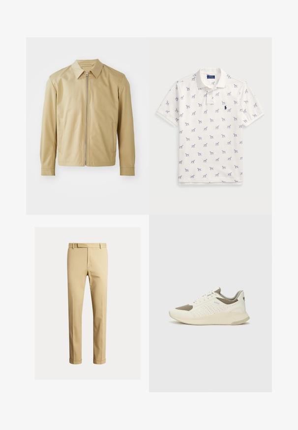 Casaco leve bege com gola, fecho frontal em zip e dois bolsos laterais. Textura suave e corte descontraído.; Camisola polo branca feita de algodão, com um padrão repetido de cães azuis e um pequeno logotipo azul no peito. Mangas curtas e colarinho.; Chinos caqui feitos de um tecido de algodão suave, com um design ajustado, pregas frontais e punhos no tornozelo para um visual afinado.; Sapatilha atlética branca e bege claro, com parte superior em malha, detalhes perfurados e uma entressola texturizada com marcação no calcanhar.