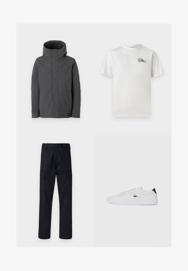 Hallikas, keskmise pikkusega jakk kõrge kraega ja minimaalse disainiga. Omab sileda tekstuuri ja väikest brändi logo vasakul all.; Valge puuvillane T-särk ümmarguse kaelusega, lühikeste varrukatega ja väikese tikandiga logoga, millel on mäed ja tekst vasakul rinnal.; Mustad mustad püksid, mis on valmistatud tugevast materjalist, sirge lõikega, kaht küljetaskut ja nööbiga sulgemist vöökoha juures.; Valge nahast tenniseking ümara ninaga, lukkude ja musta kontsa aktsendiga. Külgedel on väike broderi krokodilli logo.