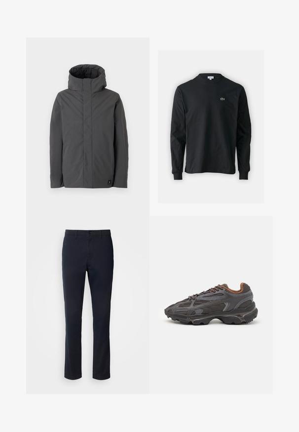 Grå, mellemlang jakke med høj krave og minimalistisk design. Har en glat tekstur og et lille brandlogo på den nederste venstre side.; Sort langærmet t-shirt lavet af bomuld, med rund halsudskæring og et lille grønt broderet krokodillelogo på venstre bryst.; Marineblå bukser lavet af glat stof, der har et lige ben-design, bælteløkker og en knaplukning med lynlås.; Lacoste sneakers i mørkegrå med mesh og syntetisk materiale, udstyret med en tekstureret sål og brune accenter på kraven og brandingen.