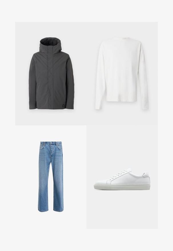 Sivý, stredne dlhý kabát s vysokým golierom a minimalistickým dizajnom. Má hladkú textúru a malé logo značky na dolnom ľavom rohu.; Biela bavlnená košeľa s dlhými rukávmi a okrúhlym výstrihom, s bočnými rozparkami na spodku a hladkou textúrou, zobrazená zozadu.; Svetlo modré denimové džínsy so strihom rovného nohu, päť vreciek, zapínanie na gombík, minimálne vyblednutie a kontrastné švy.; Biele tenisky s hladkým koženým zvrškom a nízkym profilom. Majú zaoblenú špičku, šesť očiek a štruktúrovanú gumovú podrážku.
