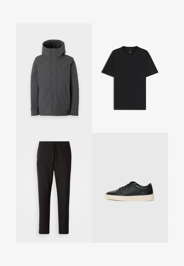 Grå, medellång jacka med hög krage och minimalistisk design. Har en mjuk yta och en liten logotyp på nedre vänstra delen.; Svart kortärmad T-shirt i en mjuk bomullsblandning, med rundad halsringning och en minimalistisk design utan mönster eller detaljer.; Svarta joggingbyxor i slätt tyg. Har resårmidja med en dragsko, avsmalnande ben och inga synliga fickor. Enkelt design.; Svart låg skor i läder med svarta snören och off-white sula, visas i sidoprofil på vit bakgrund.