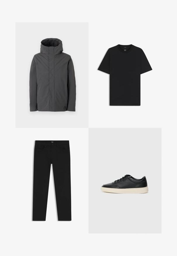 Gray, mid-length jacket with a high collar and minimal design. Features a smooth texture and a small brand logo on the lower left.; Black short-sleeve T-shirt made from a smooth cotton blend, featuring a crew neckline and a minimalistic design with no patterns or accents.; Black denim trousers with a straight cut, featuring a standard waistband, five pockets, and a button closure. Smooth texture throughout.; Black low-top leather sneaker with black laces and off-white sole shown in side profile on white background.