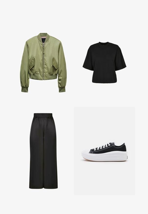 Olivgrüne Bomberjacke mit Reißverschluss vorne, Rippbündchen und -saum. Verfügt über zwei Fronttaschen und eine glatte, glänzende Textur.; Schwarzes, kurz geschnittenes T-Shirt aus Baumwolle. Hat kurze Ärmel und einen runden Halsausschnitt. Glatte Textur mit einem schlichten Design, ohne zusätzliche Muster.; Schwarze, weit geschnittene Hosen aus glattem, glänzendem Stoff mit elastischem Bund und ohne sichtbare Taschen oder Metallteile.; Schwarze Canvas-Sneaker mit weißen Schnürsenkeln, weißer Gummikappe und einer massiven weißen Zwischensohle. Besondere Merkmale sind dezente weiße Nähte und eine Gummisohle.