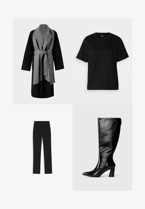Wollmischung-Umhängetuch mit grauem Vorderteil und Kragen, schwarzen Ärmeln, tailliertem Gürtel und Seitentaschen. Glatte Textur, mittellanges Design.; Schwarzes Baumwoll-T-Shirt mit Rundhalsausschnitt, kurzen Ärmeln und aufgesticktem Logo auf der Brust. Einfacher, lässiger Schnitt ohne Muster.; Schwarze maßgeschneiderte Hose mit geradem Bein, ausgestattet mit Fronttaschen und einem glatten, strukturierten Stoff. Saubere, minimale Details.; Knöchelhohe schwarze Lederstiefel mit einer spitzen Zehe, glatter Oberfläche und einem klobigen Absatz. Verfügt über einen Reißverschluss hinten.
