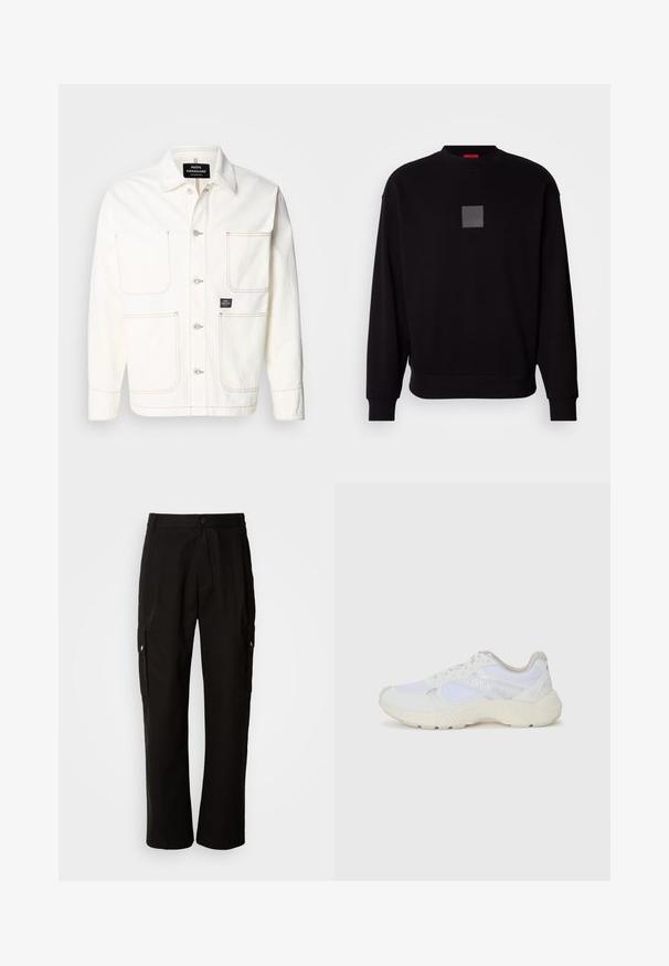 Weiße Jeansjacke mit Knopfleiste, zwei großen Brusttaschen und feinen orangefarbenen Nähten. Verfügt über einen Spitzkragen und Knopfmanschetten.; Schwarze Sweatshirt mit langen Ärmeln, rundem Ausschnitt, grauem quadratischen Logo auf der Vorderseite, weicher Textur und gerippten Bündchen und Saum.; Schwarze Cargo-Hosen aus Baumwolle mit lockerem Schnitt, seitlichen Taschen, Knopfverschluss und geradem Bein. Einfaches Design ohne Muster.; Weiße Sportschuhe aus Mesh und Wildleder, mit einer strukturierten Zwischensohle, strukturierten Akzenten und dem "HUGO"-Logo an der Seite.