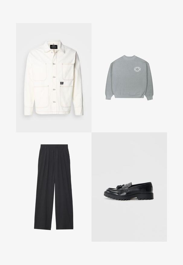 White denim jacket with a button front, two large chest pockets, and subtle orange stitching. Features a point collar and button cuffs.; Light gray crewneck sweater with ribbed cuffs and hem, featuring a small white chain-link circular logo on the left chest.; Wide-leg trousers made of dark gray fabric. Features pleats at the waist, a tailored design, and a straight silhouette.; Black leather loafers with a glossy finish, chunky rubber sole, and decorative tassel detail on the front.