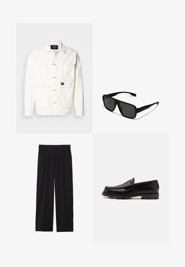 Valkoinen denimhousujakku, jossa on napit edessä, kaksi suurta rintataskua ja hillittyä oranssia ommella. Ominaisuuksiin kuuluvat pistekaulus ja napilliset hihansuut.; Mustapaitainen huppari, jossa on etutasku, löysä malli, ribbireunat hihansuissa ja helmassa. Valmistettu paksusta kankaasta, jossa on narut hupussa.; Mustat väljät housut, joissa on laskostettu etuosa, sivutaskut ja sileä kankaan rakenne. Suunniteltu rentoa istuvuutta varten.; Musta nahka loaferit pyöreällä varpaalla, koristeompeleilla ja teksturoidulla pohjalla pitoa varten. Hiukan kohotettu kanta.; Hawkers PARLAY - Aurinkolasit - black