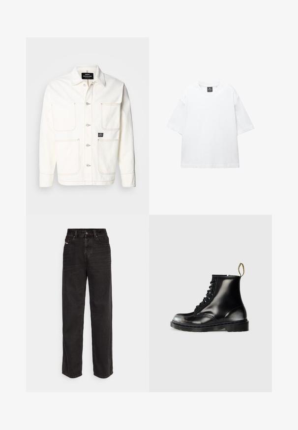 Weiße Jeansjacke mit Knopfleiste, zwei großen Brusttaschen und feinen orangefarbenen Nähten. Verfügt über einen Spitzkragen und Knopfmanschetten.; Weißes T-Shirt mit kurzen Ärmeln aus Baumwolle, das über einen Rundhalsausschnitt und einen lockeren Schnitt mit geradem Saum verfügt. Keine Muster oder Verzierungen.; Schwarze Jeans-Breitbeine mit hoher Taille, vorderem Knopfverschluss, zwei seitlichen Taschen und dezenten Steppdetails.; Schwarze Leder-Ankle-Boots mit glanzfinish, acht Ösen, schwarzen Schnürsenkeln und einer Zuglasche. Mit einer strukturierten, profilierten Sohle.