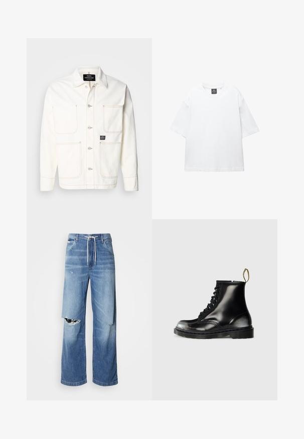 Witte spijkerjack met een knoopsluiting aan de voorkant, twee grote borstzakken en subtiele oranje stiksels. Voorzien van een puntkraag en knoopmanchetten.; Witte t-shirt met korte mouwen van katoen, met een ronde hals en een relaxte fit met rechte zoom. Geen patronen of versieringen.; Lichtblauwe denim jeans met een losse fit, voorzien van een witte trekkoord in de taille en duidelijke scheuren aan de voorkant, met rafelige randen.; Zwarte leren enkellaarzen met een glanzende afwerking, acht veterogen, zwarte veters en een trekloop. Voorzien van een getextureerde, gedetailleerde zool.