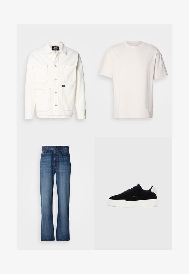 Witte spijkerjack met een knoopsluiting aan de voorkant, twee grote borstzakken en subtiele oranje stiksels. Voorzien van een puntkraag en knoopmanchetten.; Crème-kleurig katoenen T-shirt met een ronde hals. Korte mouwen en een comfortabele pasvorm. Heeft een klein logo op de halslijn. Zachte textuur.; Blauwe denim jeans met een hoge taille, uitlopende pijpen, vijf-vaks ontwerp en tonale stiksels. Bevat een knopenfly en gestikte zakken.; Zwarte lage sneaker met witte zool en hielstrip, vetersluiting aan de voorkant en Calvin Klein-logo op de zijkant.