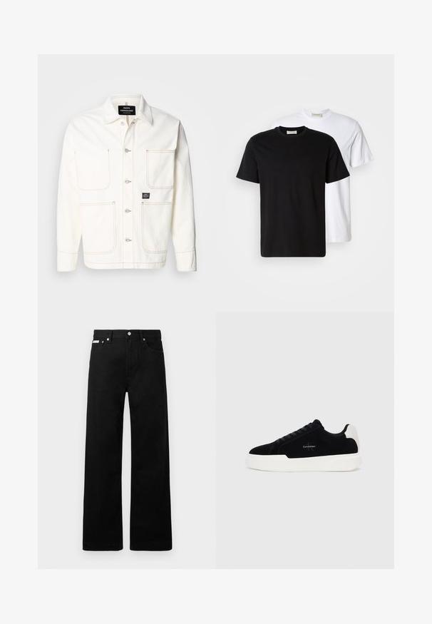 Chaqueta de mezclilla blanca con cierre de botones, dos grandes bolsillos en el pecho y sutileza en la costura naranja. Presenta un cuello tipo camisa y puños con botones.; Dos camisetas de algodón lisas, una negra colocada frente a una blanca, ambas con mangas cortas y escote redondo.; Pantalones de mezclilla negros con un diseño de pierna ancha, que cuentan con cinco bolsillos y herrajes de botón metálico. Textura suave, sin patrones visibles.; Zapatilla negra de corte bajo con suela blanca y tab de talón, parte delantera con cordones y logo de Calvin Klein en el lateral.