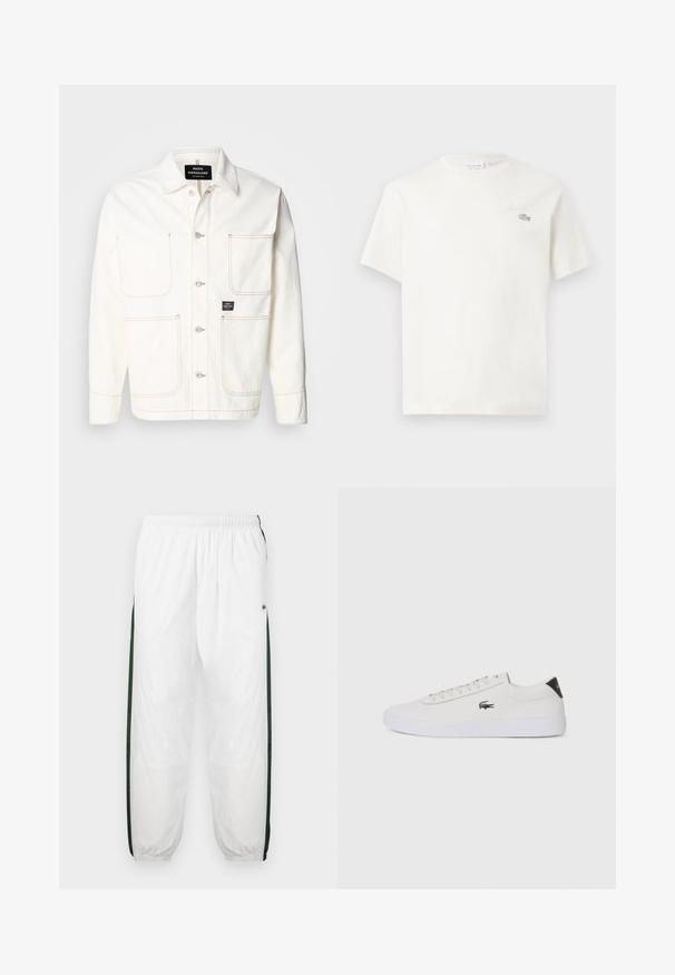Giacca di jeans bianca con chiusura a bottoni, due ampie tasche sul petto e cuciture arancioni sottili. Presenta un colletto a punta e polsini con bottoni.; T-shirt bianco in cotone con maniche corte, caratterizzato da un logo ricamato discreto e un design minimalista. Tessuto morbido, scollo a girocollo.; Pantaloni da tuta bianchi con pannelli laterali di un verde scuro. Materiale leggero, vita elasticizzata e orli a costine. Presentano una texture in rete sui pannelli laterali.; Sneaker bianco in pelle con punta rotonda, chiusura con lacci e accentuazione nera sul tallone. Presenta un piccolo logo di coccodrillo ricamato sul lato.